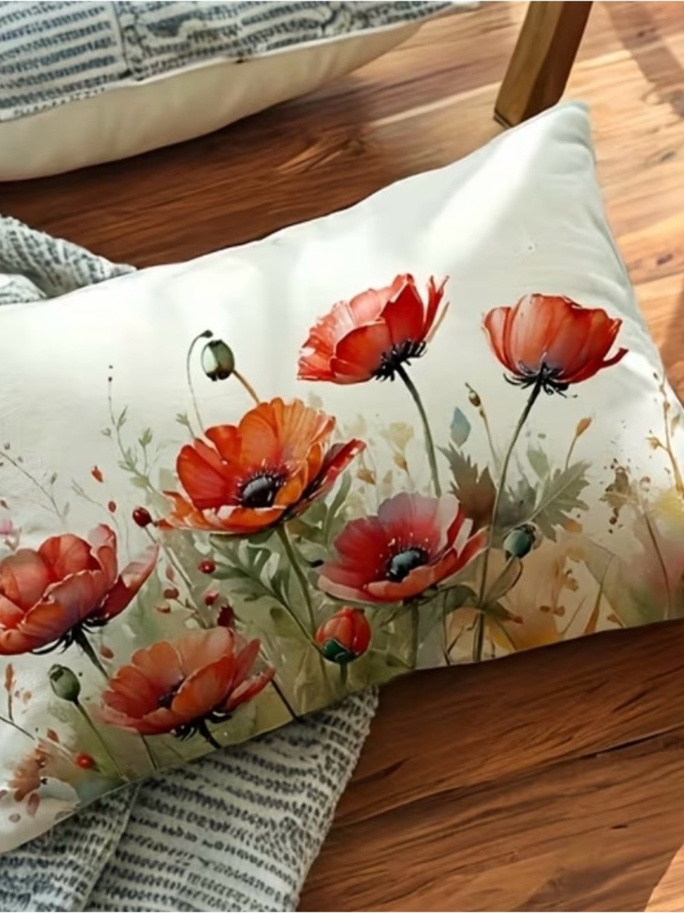 Floral Lumbar Pillow Cover 12” x 20” with Red Poppies-NWOT